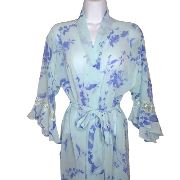 LA Intimates Knee Length Sheer Robe M Blue Lavender Floral Ruffled Lace Sleeve - Picture 1 of 13